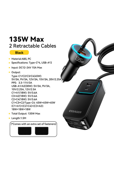 Choice ESSAGER Black Essager 135W Dual Retractable Cable Car Charger With Rea...