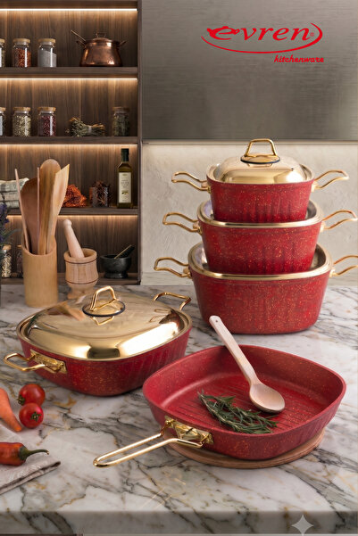 EVREN MUTFAK 9 Parça Red (Kırmızı) Kare Granit Tencere Seti ( Gold Çelik Kapa...