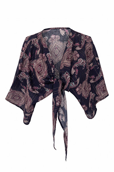 cemo Şal Desenli Bağlamalı Kimono Bolero
