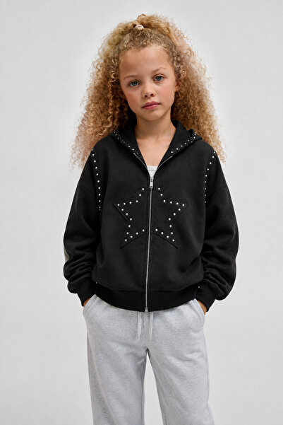 RAMİOR COLLECTION Girl's Hooded Zippered Hoodie Cardigan with Star Detail Ove...
