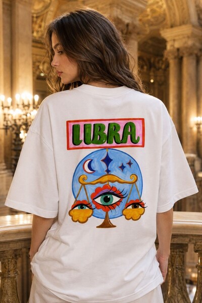 GIA - ART Women's Oversize T-Shirt Libra Printed White – Crew Neck, Comfortab...