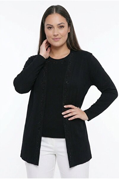 By Saygı Women's Stone Printed Blouse Cardigan Lycra Plus Size 2-Piece Set