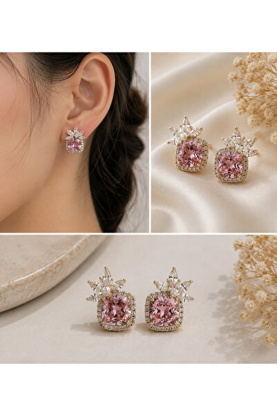 MODA Premium Kararmaz Pembe Kristal Kadın Küpe