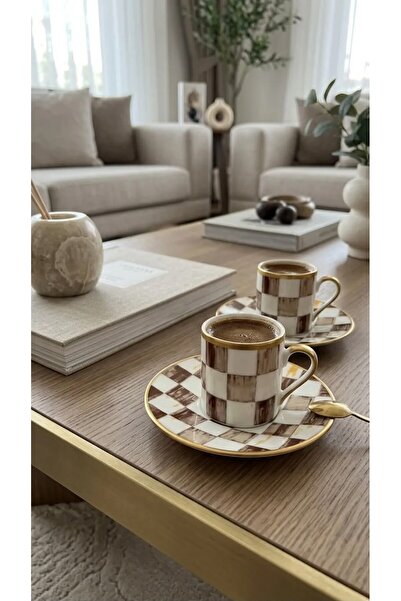 LeylArt Coffee Plaid Patterned Turkish Coffee Cup Set for 2, Porcelain Coffee...