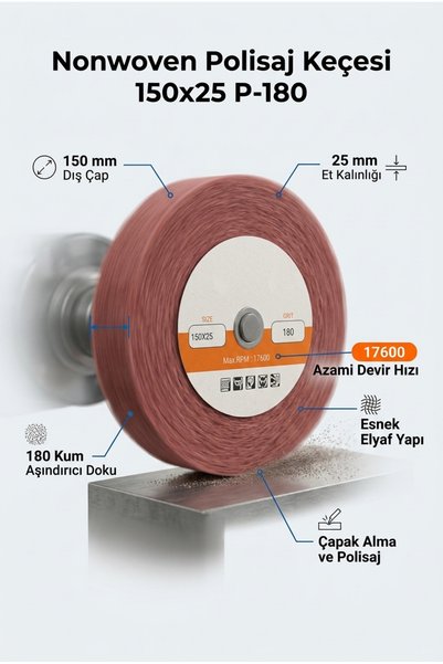 Genel Markalar 150x25 mm P180 Polisaj Keçesi Çapak Alma ve Metal Yüzey Parlat...