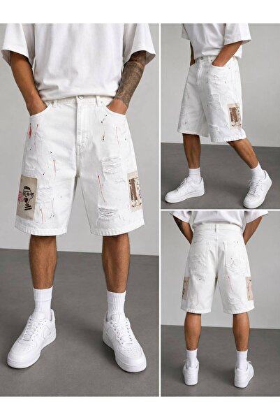 Loran Edge Erkek Baggy Fit Şort Yırtık Detaylı Baskılı Şort