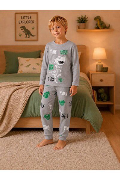 YİGİT BUTİK Boys Dinosaur Print Long Sleeve Bottom Top Pajama Set