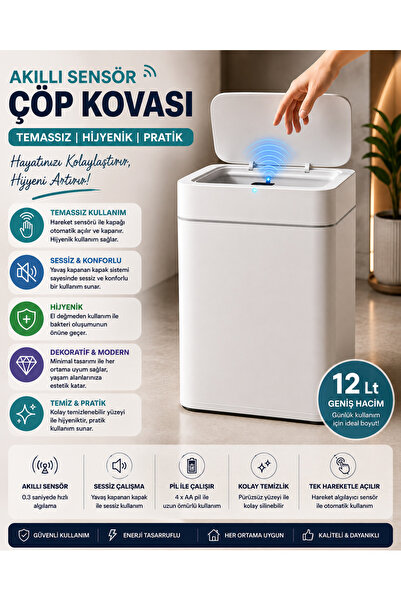 Mayaglory 12 Litre Pratik Akıllı Sensör Çöp Kovası Temazsız Çöp Kovası Otomat...