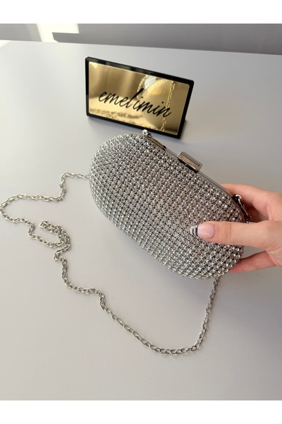 emelimin Women's Silver Stone Evening Dress Bag, Crystal Embroidered Chain St...