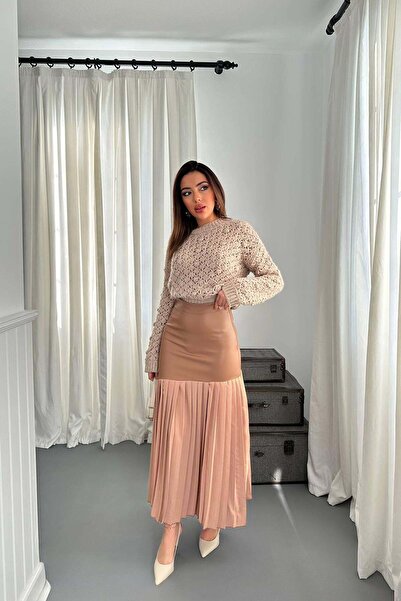 Moda Days Women's Mink Leather Trimmed High Waist Pleated Midi Skirt
