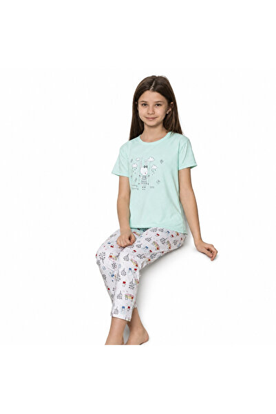 turkish Girls' Light Green Rabbit Print Top and Colorful House Print Pants Pa...