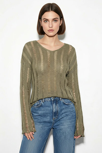 Efnaz style Women's Openwork Casual Mercerized Premium Knitwear Light Green B...
