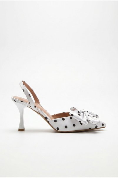 Generic Brand Pantofi stiletto cu toc subțire, cu model cu buline și detaliu fundă, pentru femei, albi