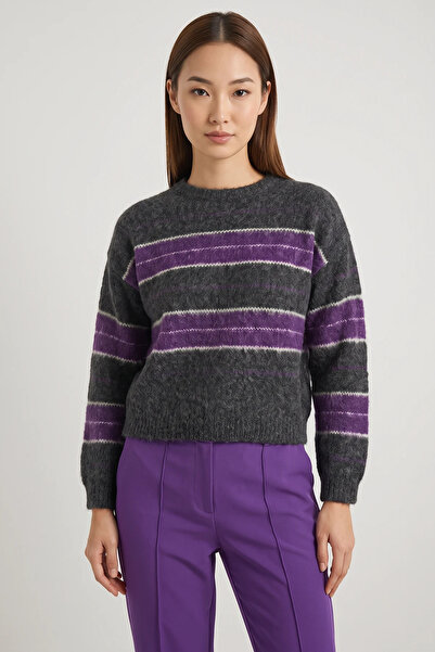 Efnaz style Women's Crew Neck Striped Anthracite Lilac Sweater