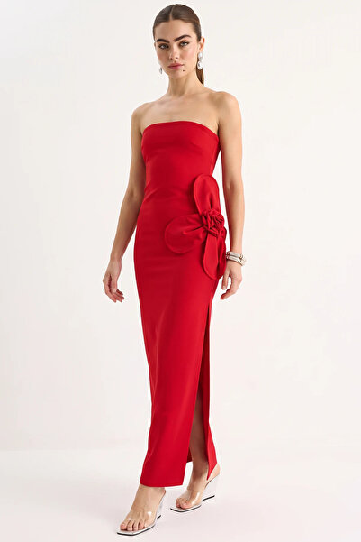 Efnaz style Women's Strapless Maxi Red Dress with Floral Accessories and Slit...