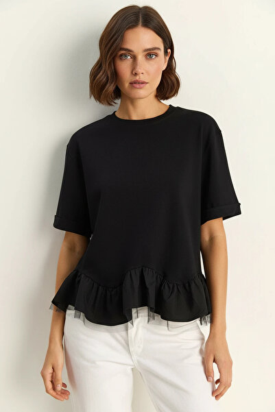 Şeker Portakalım Women's Tulle Detailed Flounce Oversize Basic Black T-Shirt