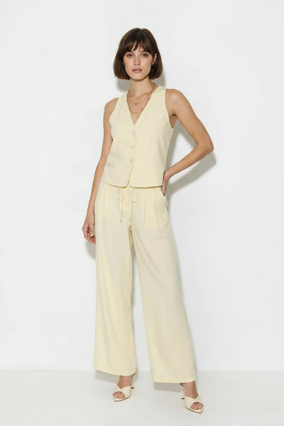 Efnaz style Women's V-Neck Buttoned Vest Wide Leg Yellow Suit