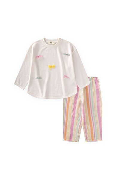Cigit Oversize T-Shirt Pants Set 2-10 Years Old Ecru Orange Striped