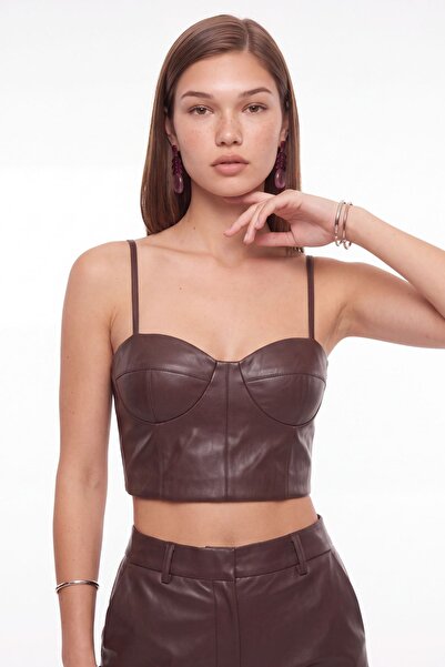 cemo Deri İnce Askılı Büstiyer Crop Top