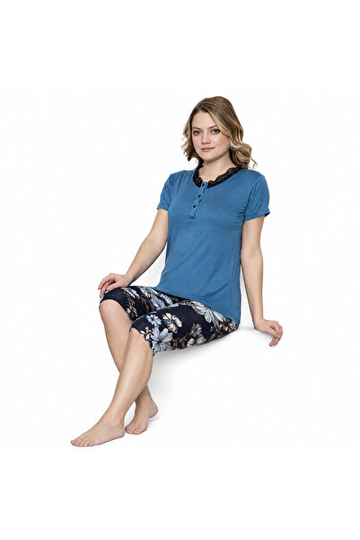 turkish Women's Blue Pajama Set with Black Lace Collar and Floral Print Capri...