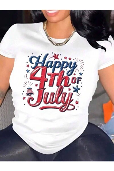 25W Short Sleeve T-Shirt With "Happy 4th Of July" Fireworks Star-Spangled Ban...
