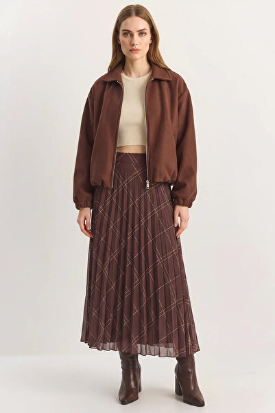 Efnaz style Women's Diamond Patterned Pleated Lined Chiffon Skirt Brown Green