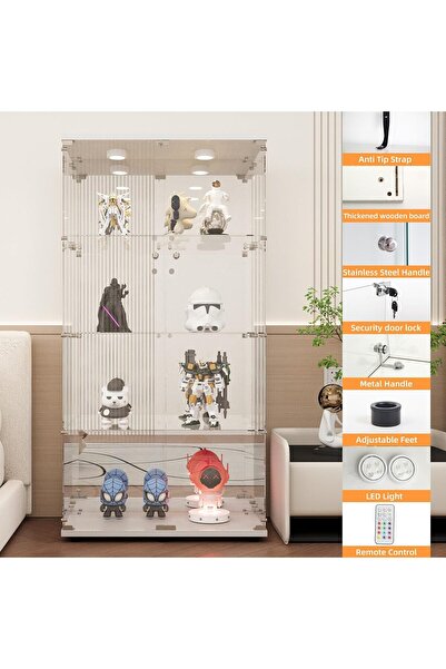 MODERN LFT HUIMEI2Y 4-Tier Glass Cabinet with Mirror&LED, Display Case White | Double-Door Glass Showcase Lockable for Collectibles, Figures, and Decor; Curio Cabinet for Living Room, Bedroom, Office