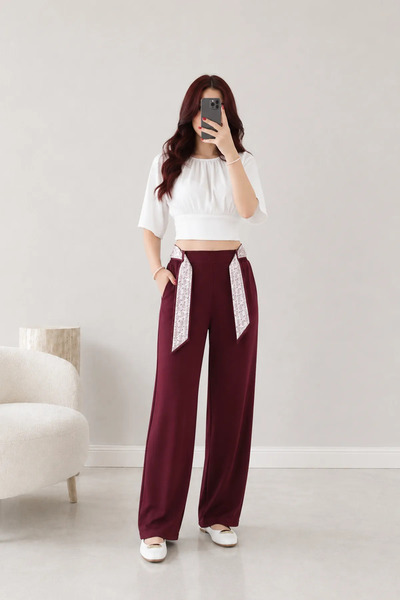 BELENDİR Women's Modal Fabric Belted Trousers Claret Red