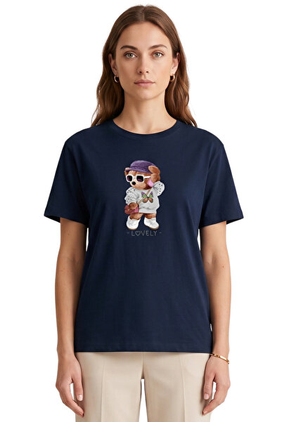 DK DAKSEL Tricou de damă, albastru marin, cu imprimeu cu ursuleț, 100% bumbac...