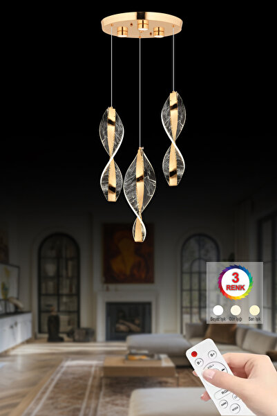 İstanbul Avize Lena 3'Lü Gold 3 Renk Ledli Modern Led Avize