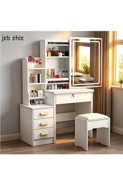 JCB CHIC White Dressing Table Set with Mirror and Lights，Large Storage Makeup...