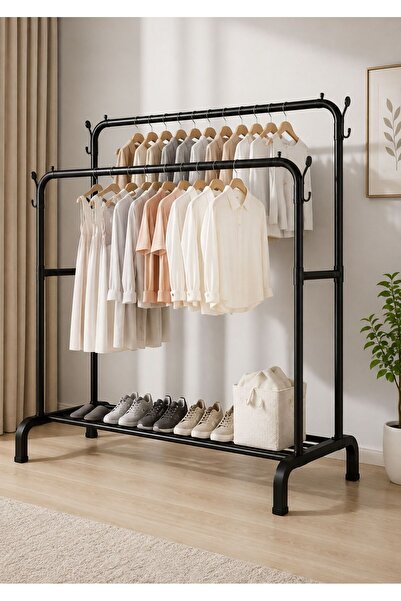 TSUMAB Heavy-Duty Double Pole Clothes Rack with Shoe Storage Shelf – Freestan...