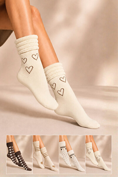 KARDEŞLER ÇORAP Women's Patterned Curly Terry Socks 4-Piece Socks