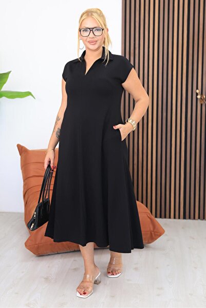 Siyezen Plus Size Polo Neck Modal Fabric Flared Dress