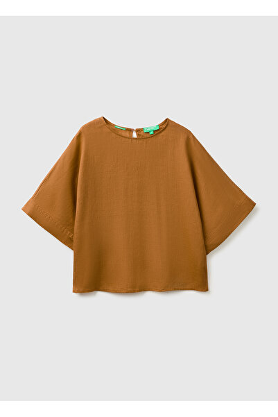United Colors of Benetton Women's Brown 100% Linen Kimono Sleeve Blouse