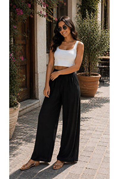 THEBEK Viscose Basic High Waist Wide Leg Lace-Up Women's Trousers Black