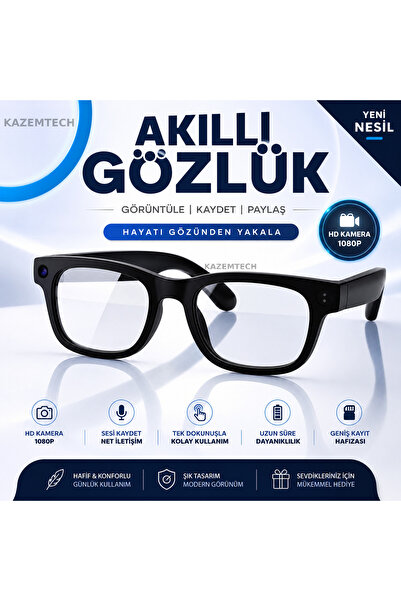 KAZEMTECH Kameralı Akıllı Gözlük 8MP Kamera 1200P Video Çeviri Ses Kayıt Özel...
