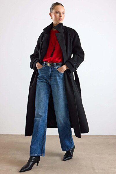 Olcay Dik Yaka Pat Detaylı Oversize Kaban SİYAH 3177