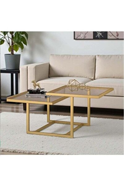 Bareeq Al Ostoura Single Table with Glass Top, Gold Iron Legs