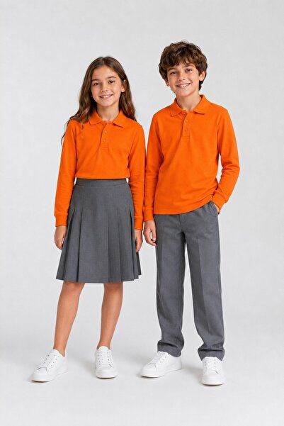 The Clover Girls & Boys Unisex Orange 100% Cotton Polo Collar Long Sleeve 2-P...