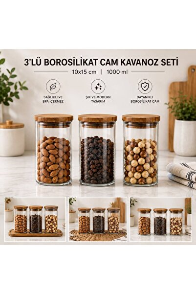 CİHO 3 Adet Cam 1000 ml ( 1 litre ) Akasya Vakumlu Kapak Erzak Kavanozu Sakla...
