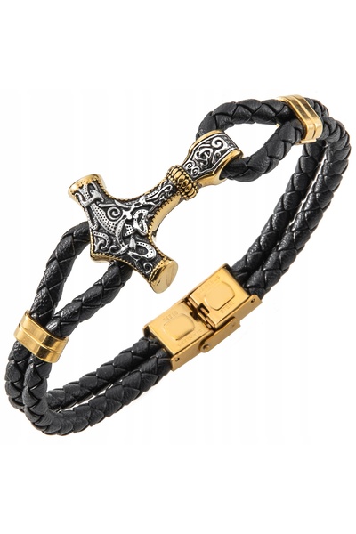 NO BRAND Brățară din piele Ciocanul lui Thor cu accente aurii