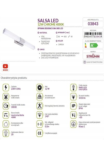 NO BRAND Aplica de baie STRUHM de perete, deasupra oglinzii, SALSA LED 12W CR...
