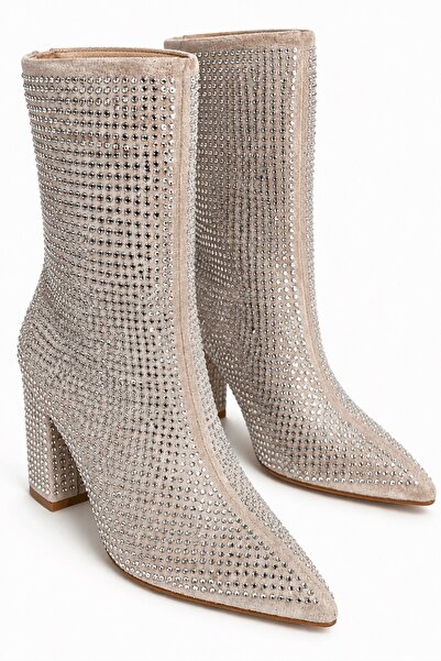 İX Sky Women's Suede Stone Boots - Pointed Toe Stone Embellished Thick Heeled...