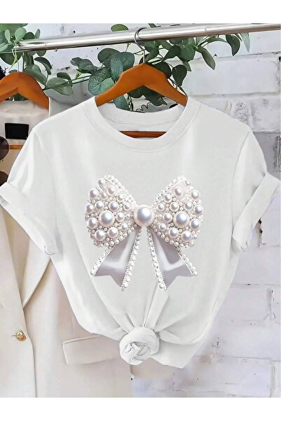 2BIR Design Not Textured Pearl Bow Pattern Printed Short Sleeve Round Neck Ca...