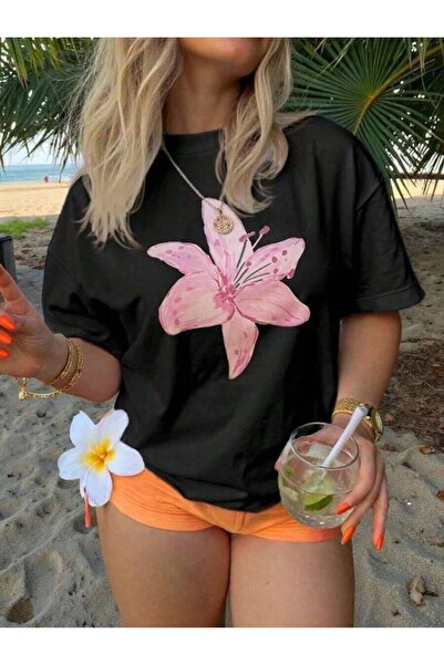 26LIK Watercolor Lily Print T-Shirt Women's Plus Size Loose Drop Shoulder Tee...