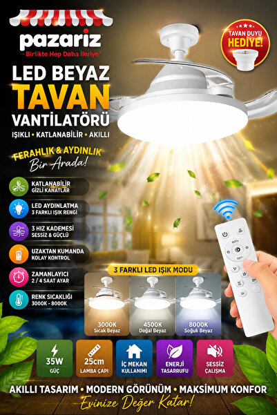 pazariz LED Beyaz Akıllı Tavan Vantilatörü | Katlanabilir Gizli Kanat, 3 Hız, 3 Renk LED, 3000K-8000K, Sessiz Çalışma, Uzaktan Kumanda, Zamanlayıcı, 35W, 25 cm Modern Tasarım + Tavan Duyu Hediye
