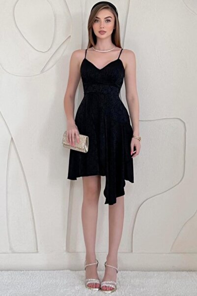 ELBEE Black Jacquard Asymmetrical Dress