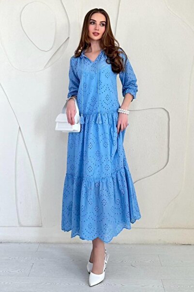 Elbee Fashion Woman Blue Lined High Collar Embroidered Dress