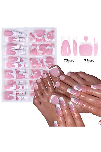 Choice 01 144pcs French Black Pink Hand&Foot WearIng Nail Set Short Square Fa...